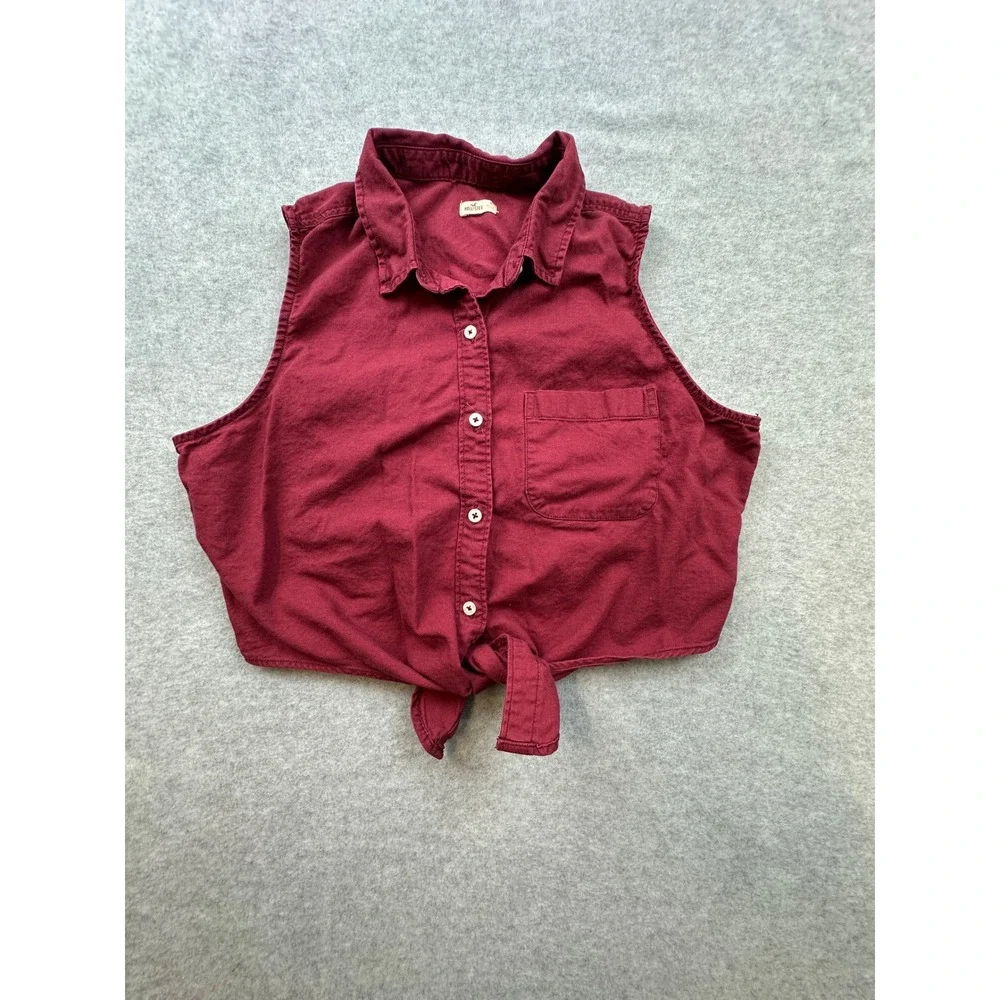 Hollister Womens Medium Burgundy Sleeveless Tie Front Button Down Cropped Shirt